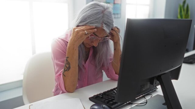 Grey-haired woman in an office holding her head while working on a computer, showing stress and frustration in a bright indoor workplace, wearing pink shirt and glasses