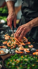 Chef cooking seafood stir fry in a pan in the kitchen