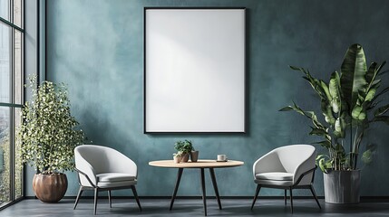 BLANK FRAMED CANVAS MOCKUP, LIVING ROOM, TABLE AND CHAIRS, LIGHT GREEN ACCENT DECOR