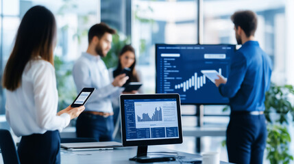 Naklejka premium Team of marketers in a modern office, analyzing website performance on various mobile devices, incorporating mobile SEO strategies