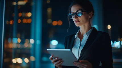 Latin Hispanic mature adult professional business woman looking at online trade app. European businesswoman CEO holding digital tablet using fintech tab application standing at workplace in office.