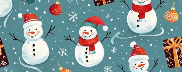 Seamless pattern of cute snowmen and gift boxes in a snowy background