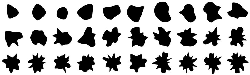 Set of 30 vector abstract art blob shapes with increasing number points/corners. Also known as blotch shapes, liquid organic elements, pebble drops blob silhouettes and splashes.