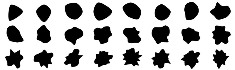 Set of 24 vector abstract art blob shapes with increasing number points/corners. Also known as blotch shapes, liquid organic elements, pebble drops blob silhouettes and splashes.