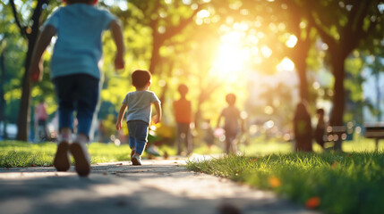 Children playing in a park, promoting family-friendly products and services in a joyful and vibrant setting