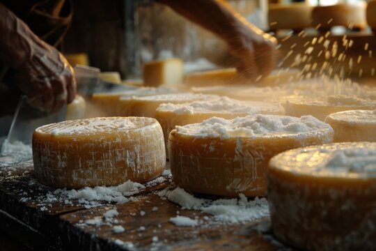 Hands salting cheese wheels in a traditional artisanal cheese-making process