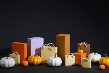 Halloween Gift Boxes and Pumpkins on Dark Background