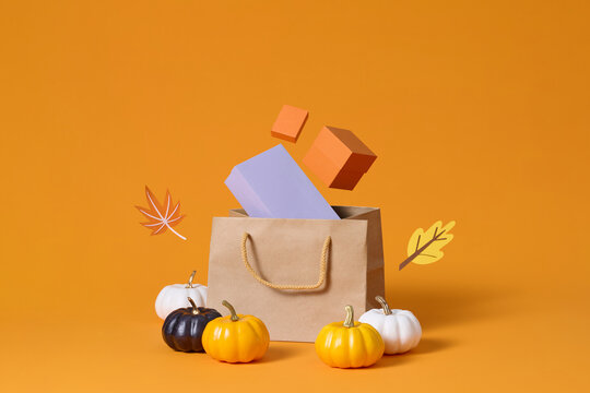 Halloween Gift Bag with Pumpkins and Falling Leaves