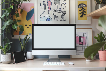 A blank desktop computer screen in a clean office environment, ideal for web mockups and design projects