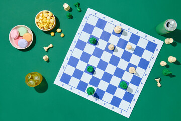 Top View of Chessboard with Snacks and Drinks on Green Background