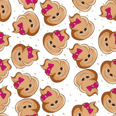 Seamless pattern with kawaii poop on white background. Cartoon poo, feces icons. Shit patterns, evil turd. Vector illustration for invitation, poster, card, fabric, textile. Doodle style