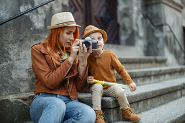 Mother and Son Enjoying a Photo Moment at their Vacation