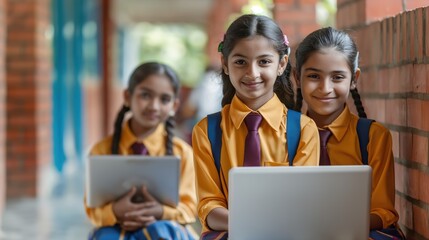 Closeup Indian school girls using laptop for learning in classroom during lesson