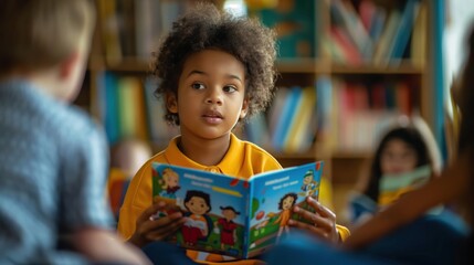 African little boy reading a story book while sitting in the kindergarten room