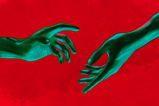 Illustration of two reaching hands against red textured background. 