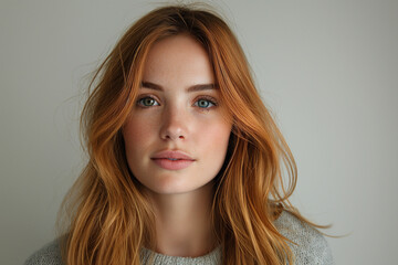 Naklejka premium A beautiful young model with smooth red hair gazes thoughtfully into the distance, lost in deep contemplation