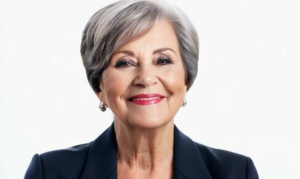 Close-up portrait video of a pleased, woman in her 50s wearing a sleek suit against a white background