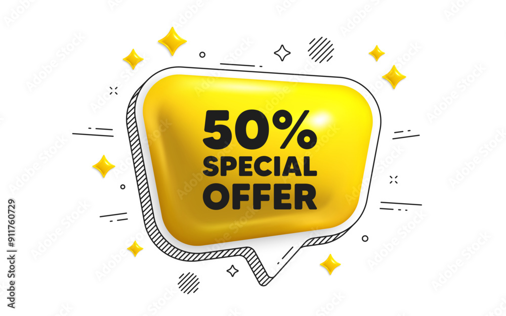 Wall mural 50 percent discount offer tag. Chat speech bubble 3d icon. Sale price promo sign. Special offer symbol. Discount chat message. Speech bubble banner with stripes. Yellow text balloon. Vector