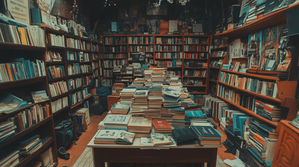Books in a library, a bookshelf in a shop, a bookstore with flatlay pages open.