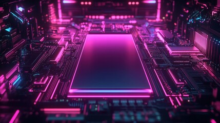 Obraz premium Futuristic blank content template framed in a cyberpunk style, complete with neon highlights and intricate patterns for a high-tech, dynamic visual