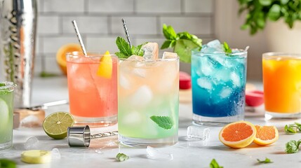 Fototapeta premium Colorful and refreshing summer cocktails in various strengths, perfect for any party. Featuring essential bar tools for easy mixing.