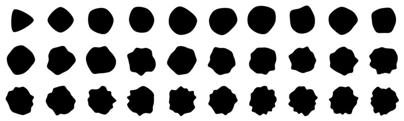 Set of 30 vector abstract art blob shapes with increasing number points/corners and deeper bends. Also known as blotch shapes, liquid organic elements, pebble drops blob silhouettes and splashes.