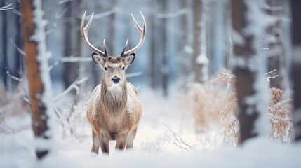 Deer in winter forest. Wild animal in winter forest. Wildlife scene.