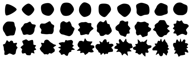 Set of 30 vector abstract art blob shapes with increasing number points/corners. Also known as blotch shapes, liquid organic elements, pebble drops blob silhouettes and splashes.