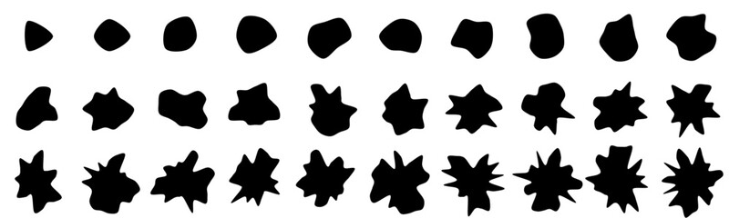 Set of 30 vector abstract art blob shapes with increasing number points/corners. Also known as blotch shapes, liquid organic elements, pebble drops blob silhouettes and splashes.