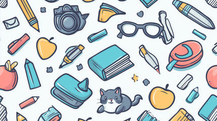 This is a pattern with school items like pencils, erasers, books, and a pet. It's perfect for back to school prints or wallpapers.