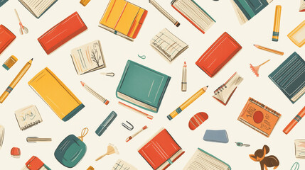 This is a pattern with school items like pencils, erasers, books, and a pet. It's perfect for back to school prints or wallpapers.