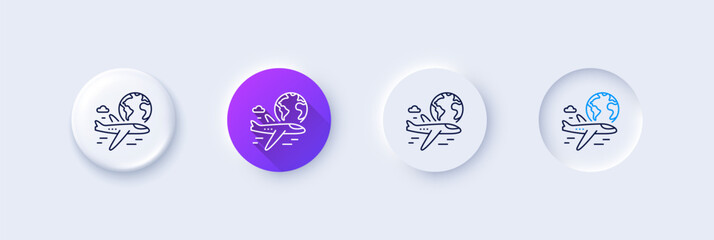 Global travel line icon. Neumorphic, Purple gradient, 3d pin buttons. International flight sign. Online trip symbol. Line icons. Neumorphic buttons with outline signs. Vector