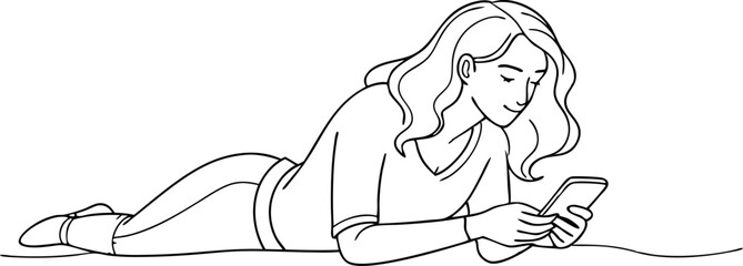 Woman Relaxing While Using Smartphone in Minimalist Line Art