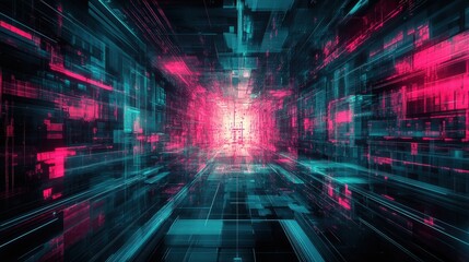 Geometric digital art with a glitchy, abstract aesthetic, using teal and pink colors against a black background, showcasing intricate mathematical designs and distortions