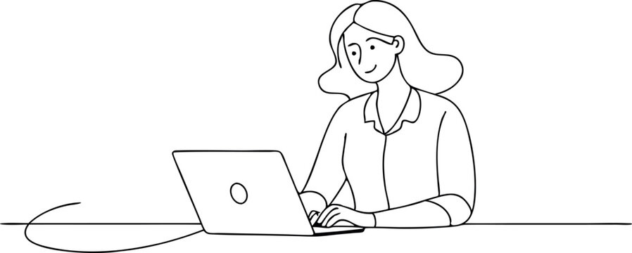 recommend clip art: Woman Working on Laptop, Line Art Illustration