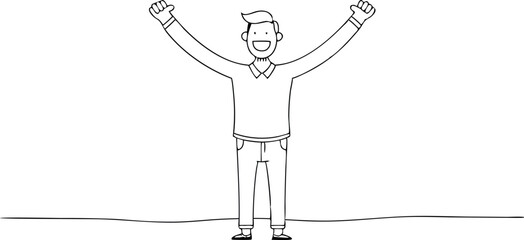 Happy Cartoon Man Celebrating with Raised Hands