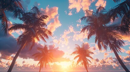 Amazing pink sunset over the palm trees. Tropical beach. Summer vacation and travel concept.