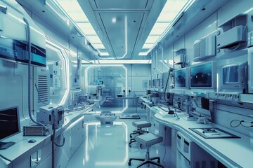 hightech science laboratory interior modern equipment research stations clean sterile environment cool color palette futuristic ambiance