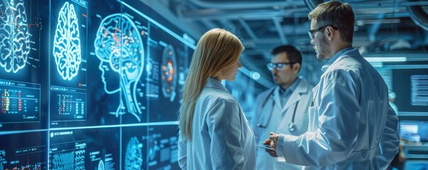 Two scientists in white coats discussing research in high-tech laboratory with digital screens
