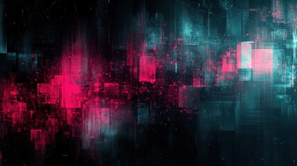 Naklejka premium Digital geometric art with glitchy teal and pink elements on a dark black backdrop, emphasizing abstract mathematical patterns and visual distortions