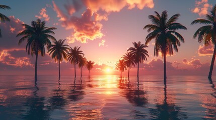 Amazing pink sunset over the palm trees. Tropical beach. Summer vacation and travel concept.