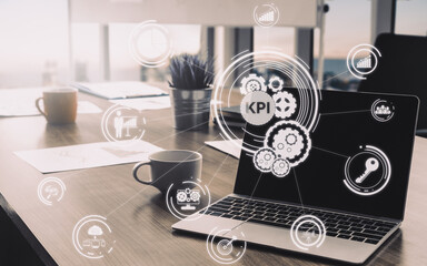 KPI Key Performance Indicator for Business Concept - Modern graphic interface showing symbols of...