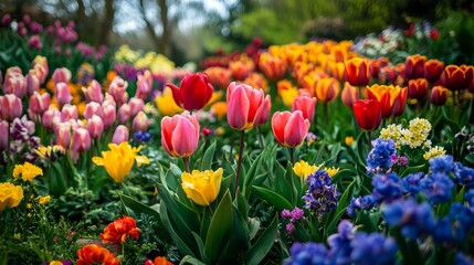 Obraz premium Flowers come alive in a vibrant garden during spring. Beautiful blooms of various colors delight the eye, creating an enchanting scene.