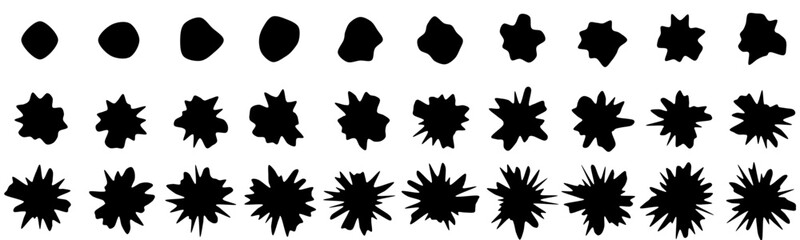 Set of 30 vector abstract art blob shapes with increasing number points/corners. Also known as blotch shapes, liquid organic elements, pebble drops blob silhouettes and splashes.