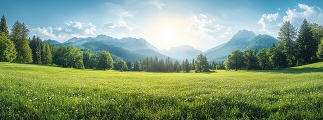 Beautiful green meadow with forest and mountains in the background, panoramic view, sunny day, bright colors, high resolution photography