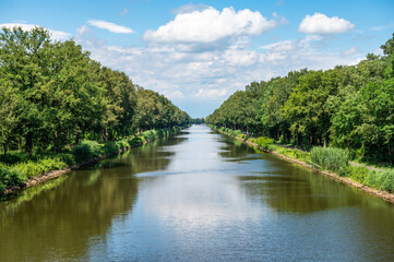 The Dortmund Ems Canal and green banks with cycling paths around Geeste-Dalum, Lower Saxony, Germany