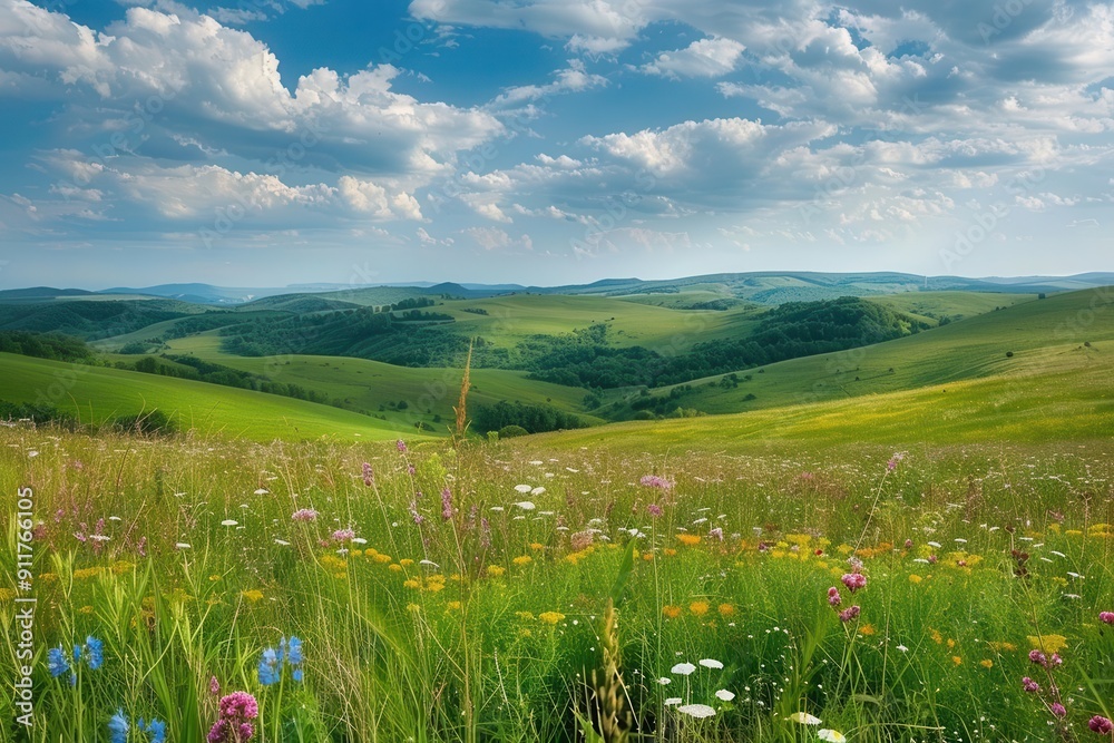 Wall mural idyllic countryside rolling green hills dotted with wildflowers stretch to horizon fluffy clouds cas