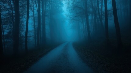 A blue, foggy forest with trees. A road in the center. Scary and creepy in the dark night.