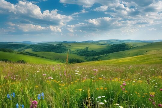 idyllic countryside rolling green hills dotted with wildflowers stretch to horizon fluffy clouds cast shadows on landscape warm golden light evokes peaceful summer day