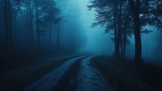 A foggy road in the woods with trees on both sides, eerie, scary, with dark blue tones, at night time, with no moonlight.